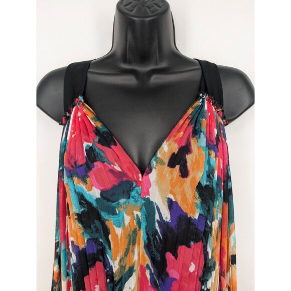 Abstract Pleated Asymmetrical Dress Colorful Art Print Flowy Boho Resort Size 6 - Picture 4 of 14